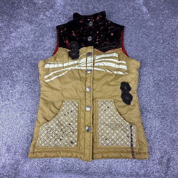 True Religion Puffer Vest Womens Small Yellow Patchwork Y2K Corduroy - Picture 1 of 8
